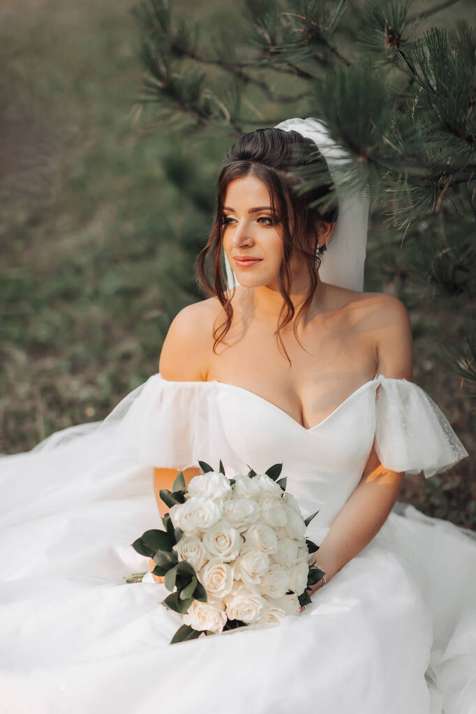 portrait of the bride in nature. A brunette bride in a white voluminous dress is sitting, posing near a coniferous tree, holding a bouquet of white roses. Beautiful hair and makeup - Photo, Image
