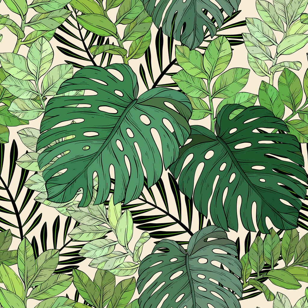 Monstera and palm jungle leaves seamless floral pattern, vector illustration - Vector, Image