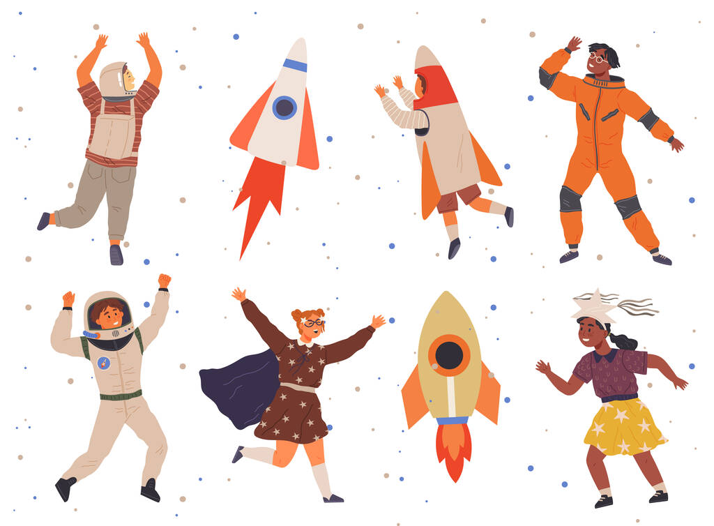 Set of happy people in different costumes for space party. Characters dressed as astronauts, explorers. Outfit for holiday in cosmic style. Men and women in creative self made suits for costume party - Vector, imagen