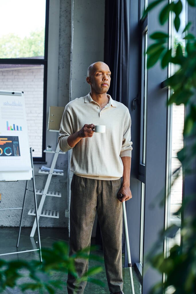 chronic illness, inclusion, african american man with myasthenia gravis disease holding cup of coffee, bold and dark skinned office worker in casual attire standing near window, infographics  - Photo, Image