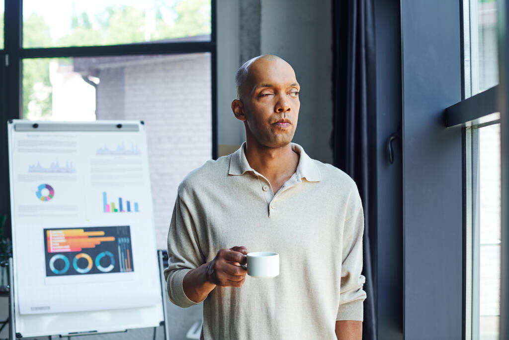 chronic illness, inclusion, african american man with myasthenia gravis disease holding cup of coffee, pensive and dark skinned office worker in casual attire standing near window, infographics  - Photo, Image