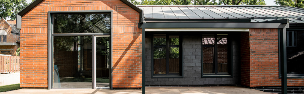 modern cottage, housing trends design, brick walls, large panoramic windows, banner - Photo, Image