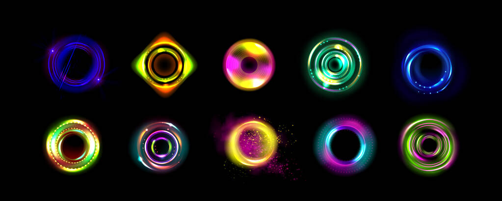 Неоновые оптические гало вспышки со световым векторным эффектом. Энергия круга вспышки свечение абстрактной рамкой с 3D блеск. Цифровая фантазия - иллюстрация формы. Красивый розовый сферический элемент - Вектор,изображение