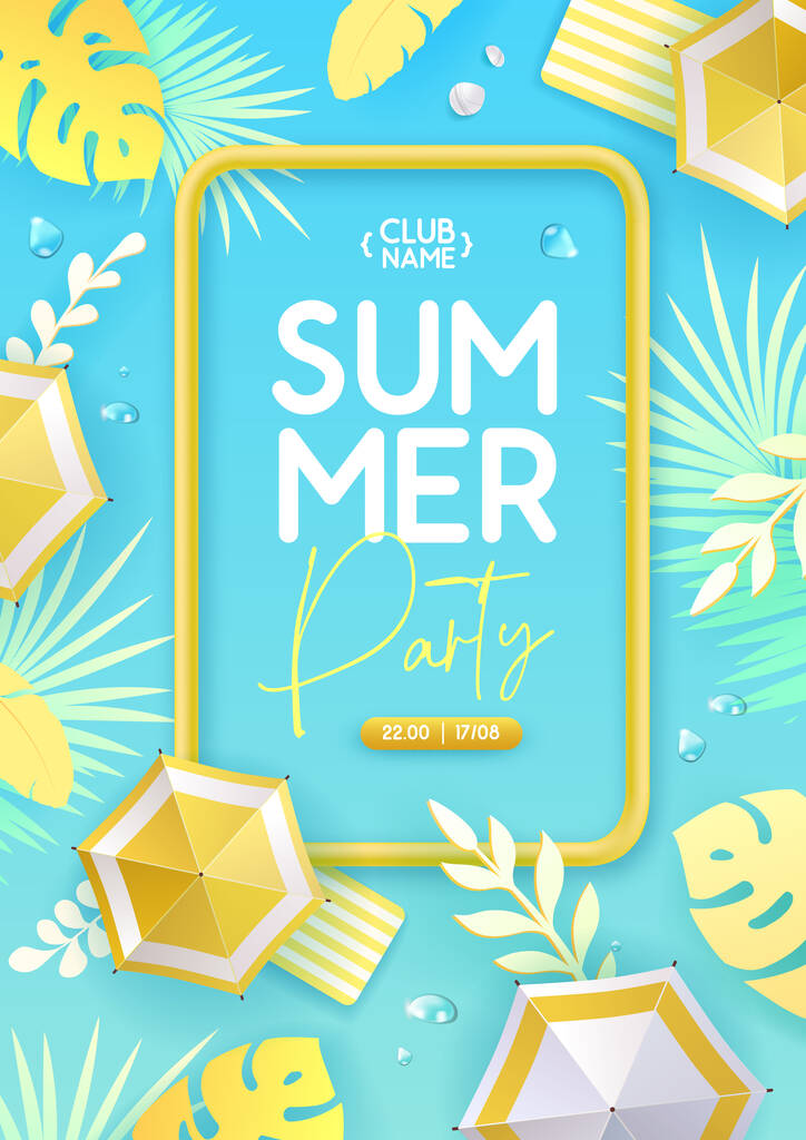 Top view summer disco party tropical poster with tropic leaves and beach umbrella. Summertime background. Vector illustration - Vector, Image