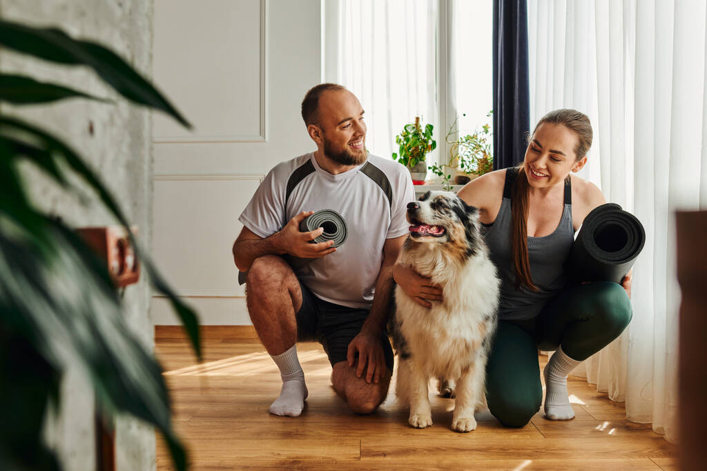 Positive couple in sportswear holding fitness mats and hugging border collie in living room at home - Photo, Image