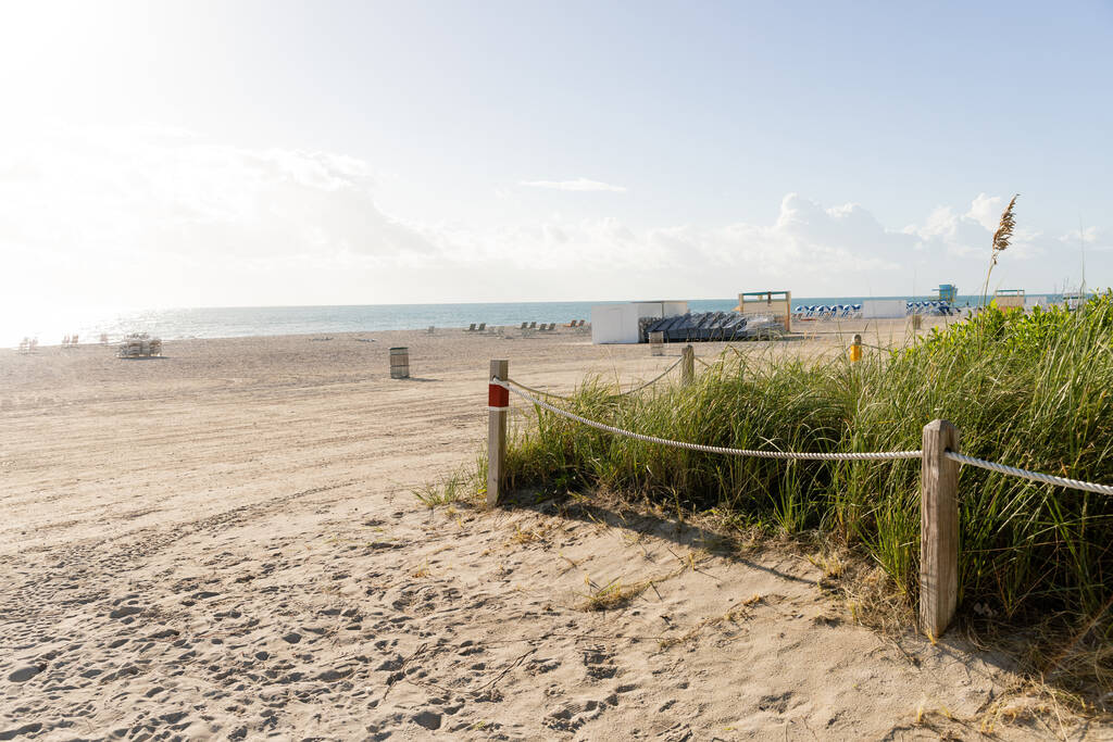 Eine ruhige Strandszene mit Zaun, üppigem Gras und der Schönheit Miamis - Foto, Bild