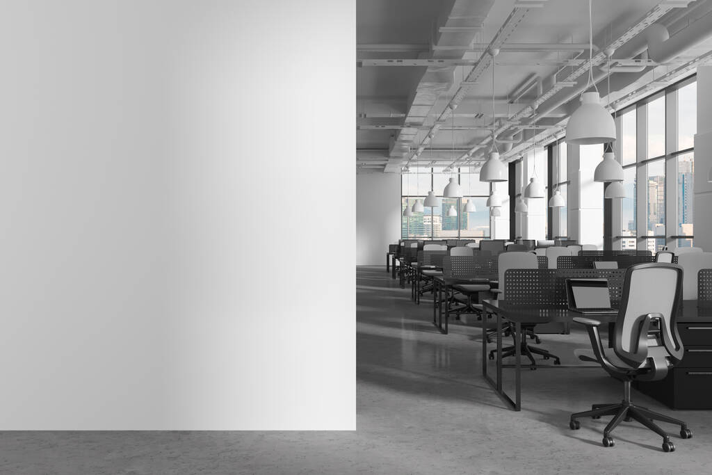 Interior coworking minimalista com poltronas e mesa, computadores pc com laptop em linha. Janela panorâmica nos arranha-céus de Kuala Lumpur. Aumentar a partição da parede branca. Renderização 3D - Foto, Imagem