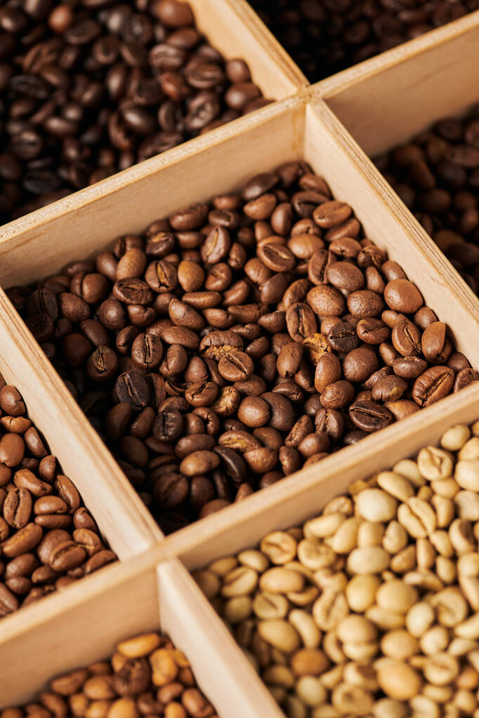 coffee beans in wooden box, different roast, caffeine and energy, espresso, coffee background  - Photo, Image
