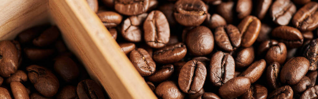 κόκκοι καφέ σε ξύλινο κουτί, σκούρο και μέτριο ψητό, καφεΐνη και ενέργεια, φόντο καφέ, banner - Φωτογραφία, εικόνα