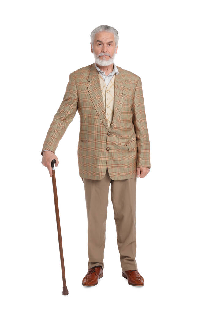 Älterer Mann mit Gehstock auf weißem Hintergrund - Foto, Bild