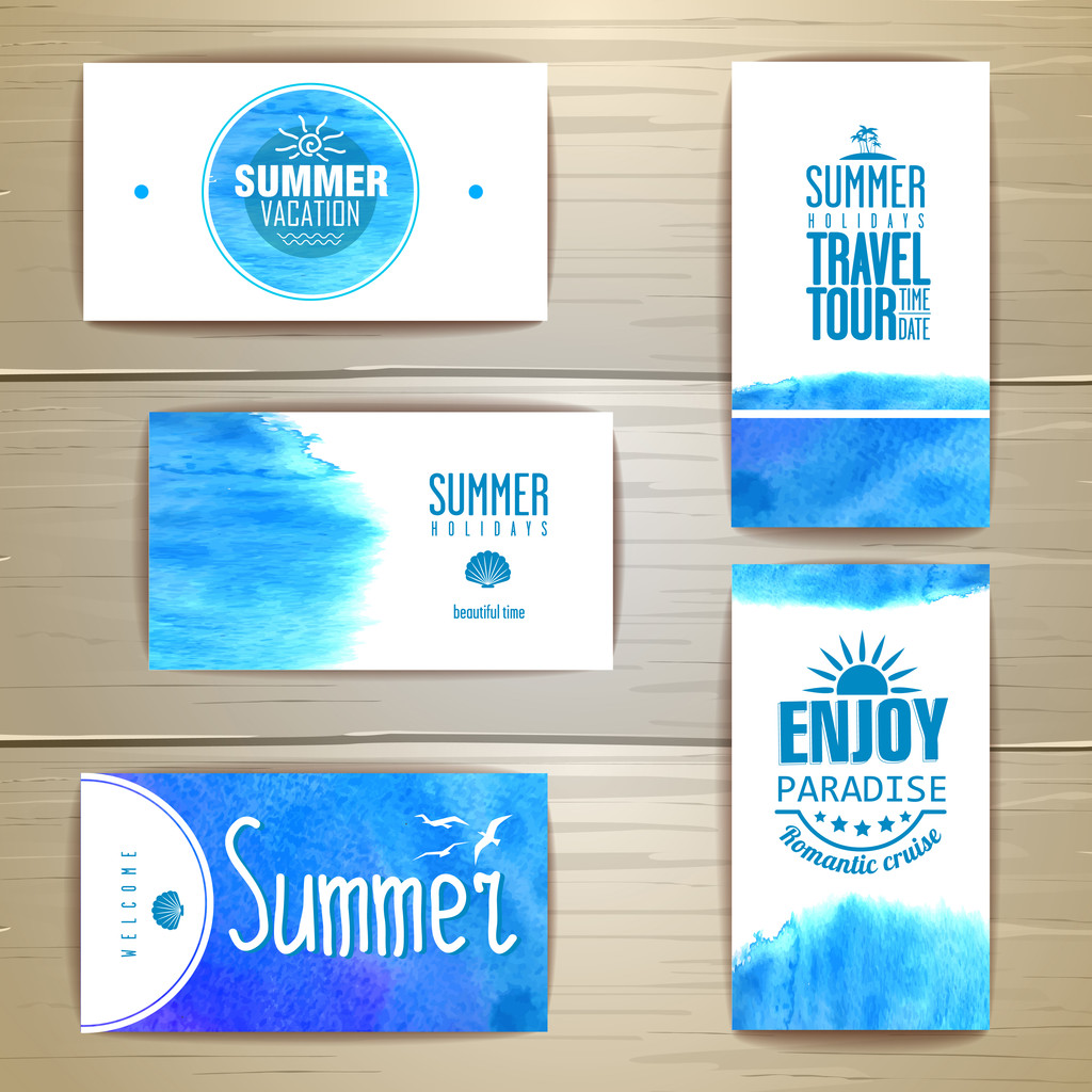 Set di biglietti da visita estivi acquerello blu. identità aziendale
 - Vettoriali, immagini