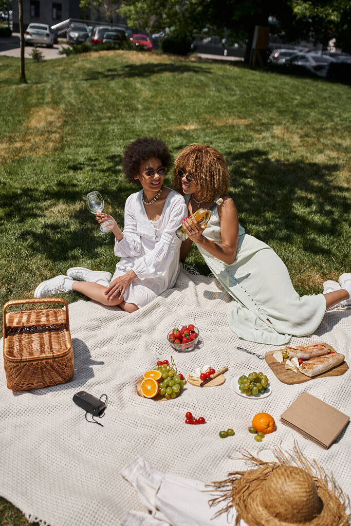 Şık Afrikalı Amerikalı kız arkadaşlar yaz pikniğinde battaniyede, taze meyve, şarap, saman sepetinde - Fotoğraf, Görsel