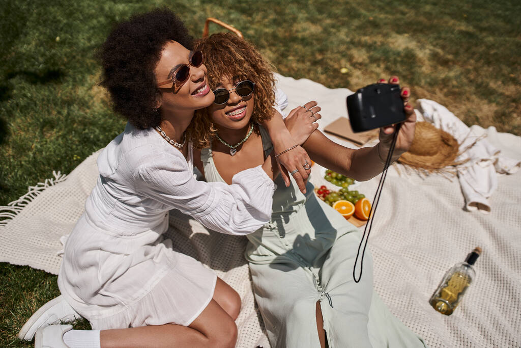 楽しいアフリカ系アメリカ人のガールフレンドが公園の毛布のフルーツの近くのヴィンテージカメラでセルフィーを取る - 写真・画像