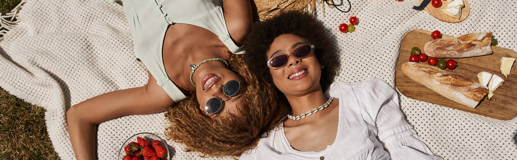 Piknik sırasında battaniyeye uzanmış mutlu Afro-Amerikalı kız arkadaşların üst görüntüsü. - Fotoğraf, Görsel