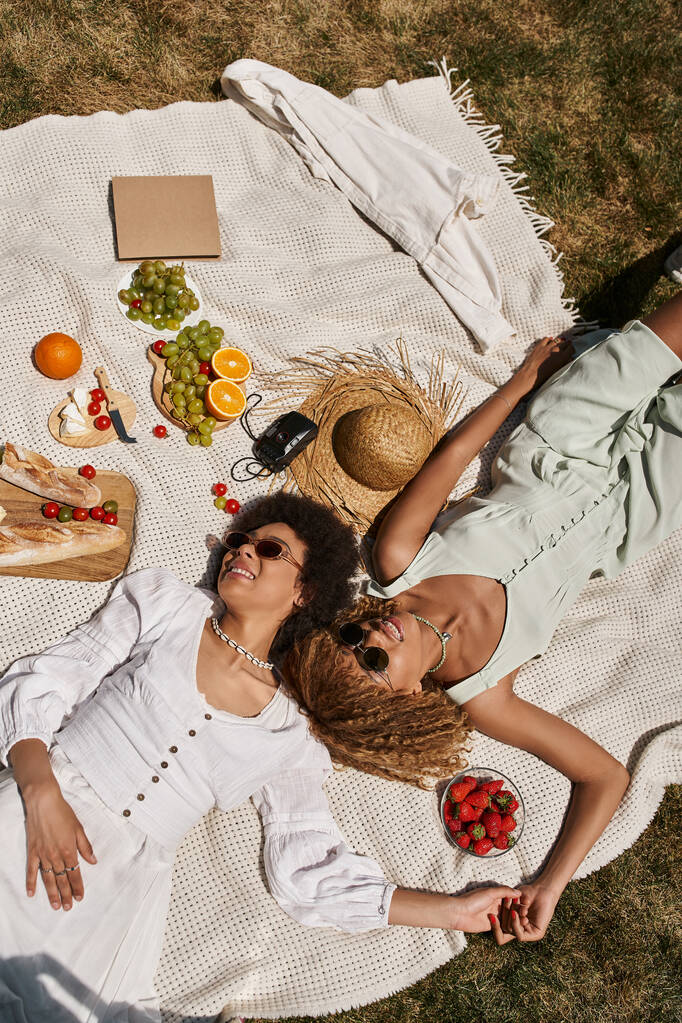 Pozitif Afrika kökenli Amerikalı kız arkadaşların el ele tutuşup piknik sırasında battaniyeye uzanması. - Fotoğraf, Görsel