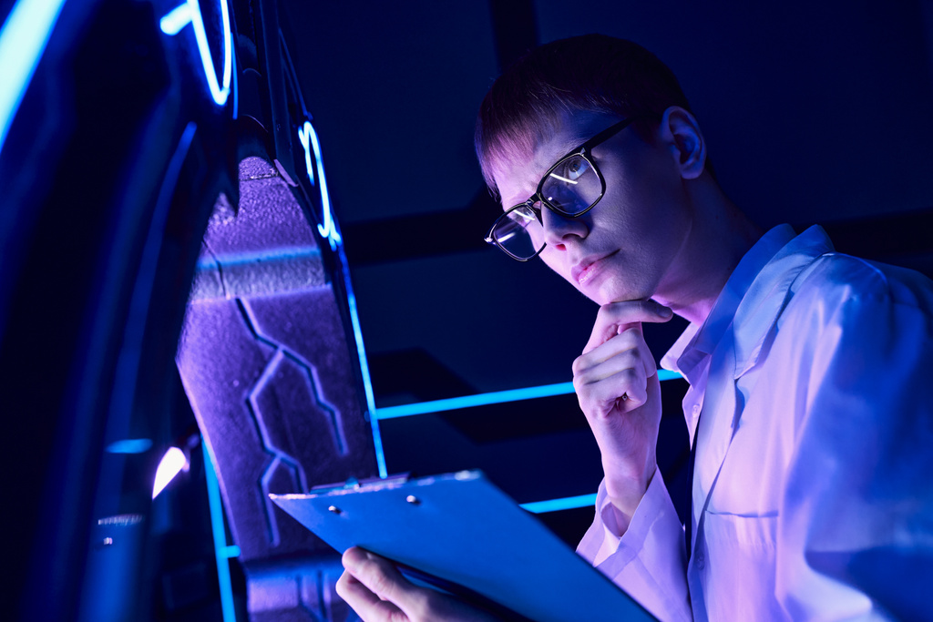 joven científico reflexivo con portapapeles en el centro de innovación con luz de neón, concepto futurista - Foto, Imagen
