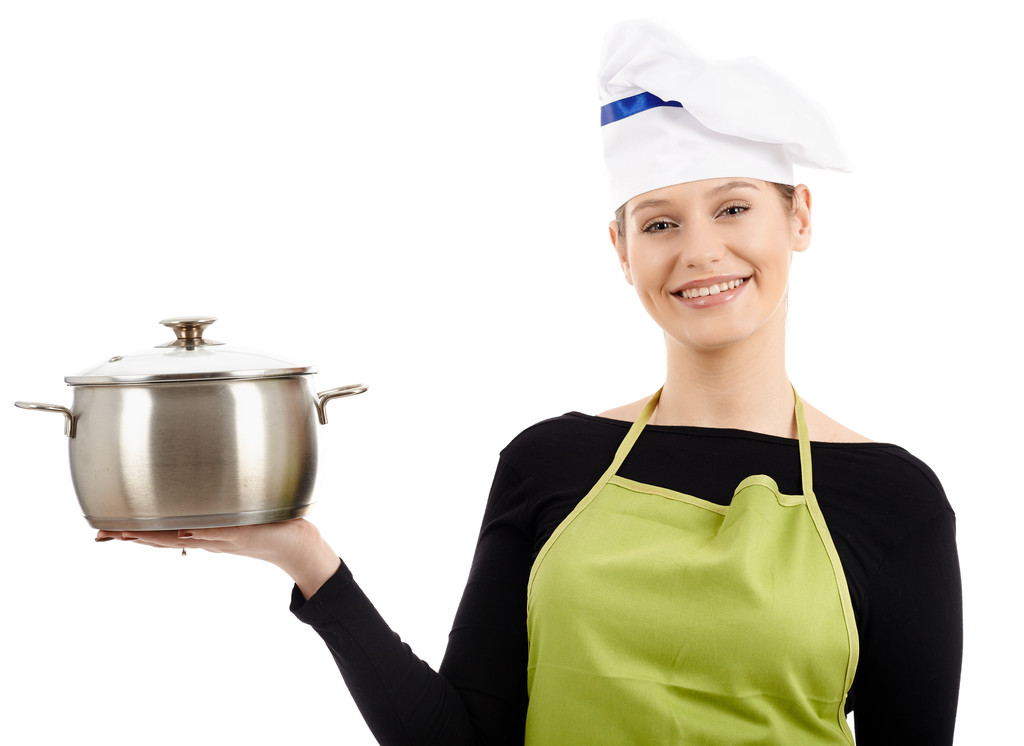 Žena vařit s nerez hrnec - Fotografie, Obrázek