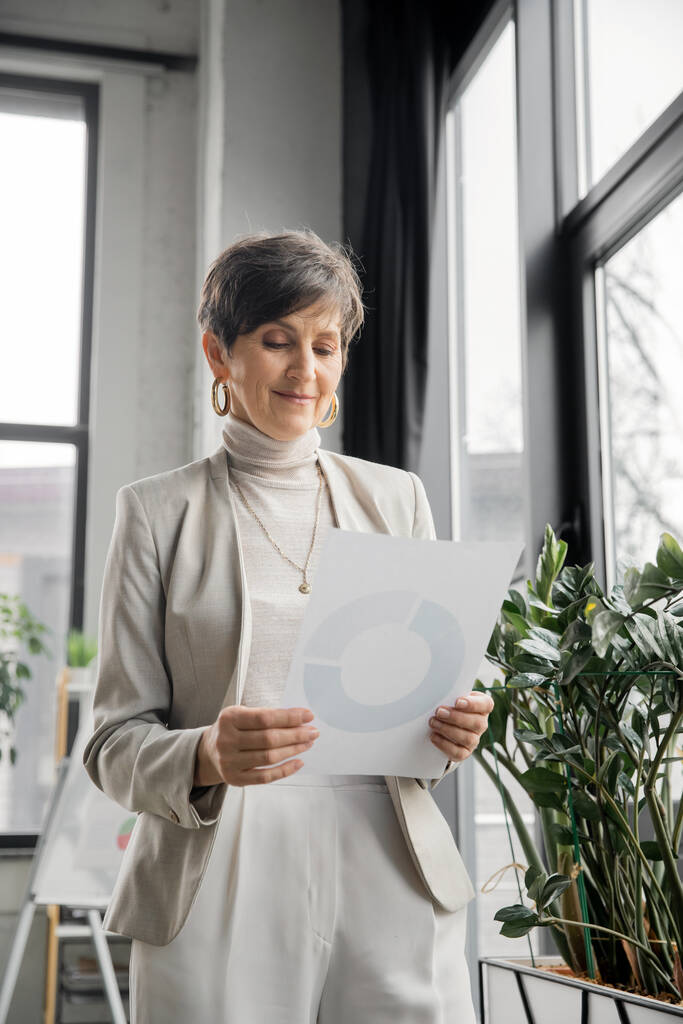 mulher de negócios otimista maduro olhando para o documento com gráficos no escritório, produtividade, crescimento - Foto, Imagem
