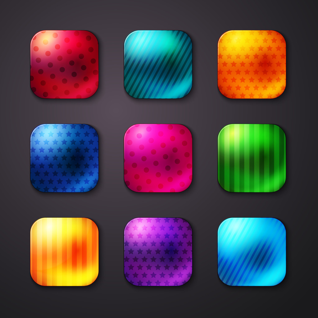 Блестящие цветные квадратные кнопки со звёздами и линиями
 - Вектор,изображение