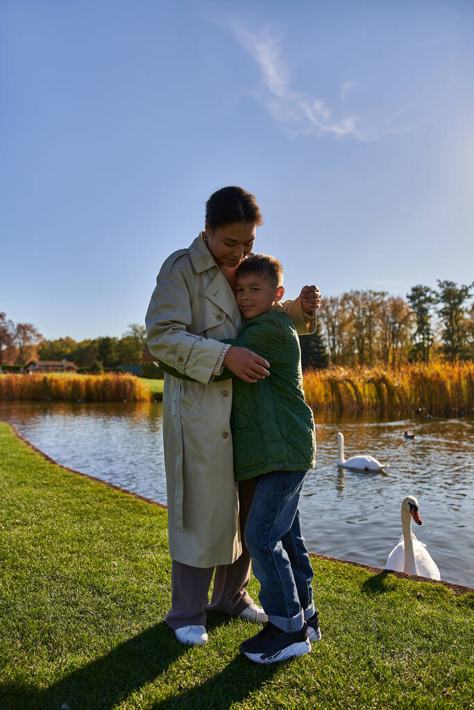 子供の愛,幸せな少年はスワン,アフリカ系アメリカ人の家族,秋の自然と湖の近くで母親を抱きしめます - 写真・画像