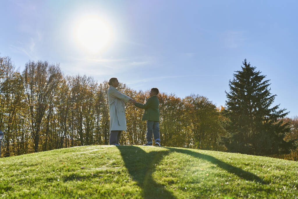 moeder en kind hand in hand, staat op groene heuvel in het park, herfst gebladerte, Afrikaans-Amerikaanse - Foto, afbeelding