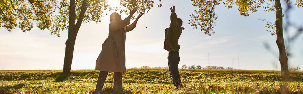 силует матері і дитини, що кидає осіннє листя, парк, осінній сезон, розважається, банер - Фото, зображення
