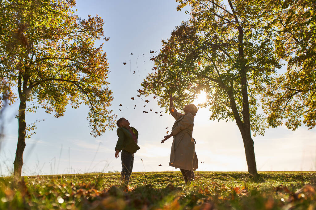 silhouette of mother and child throwing autumn leaves, park, fall season, having fun, freedom - Photo, Image