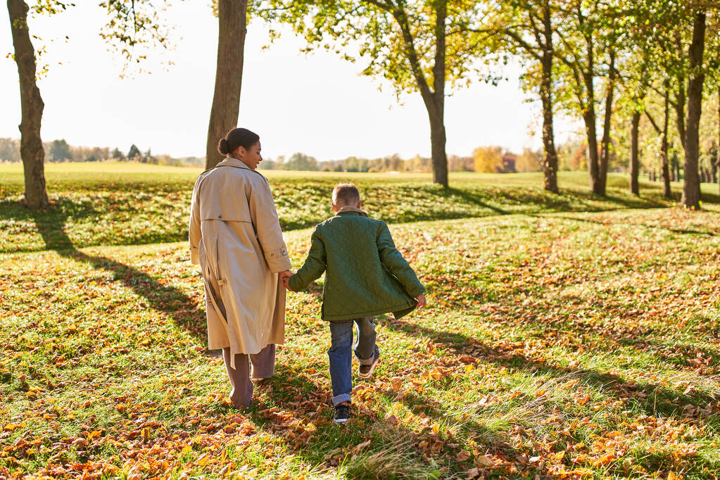 楽しい思い出, 母と息子 公園で歩く, 秋の葉, 秋の季節, アフリカ系アメリカ人の家族 - 写真・画像