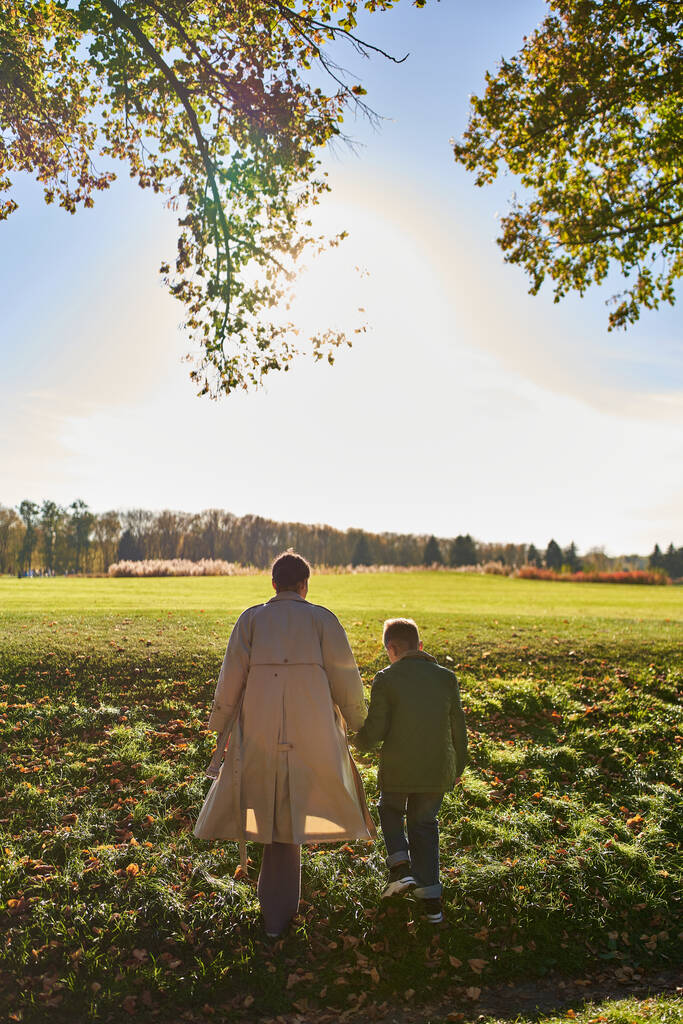 Rückansicht, Mutter und Sohn spazieren im Park, Händchen halten, Herbst, Herbstsaison, Bäume, afrikanisch-amerikanisch - Foto, Bild