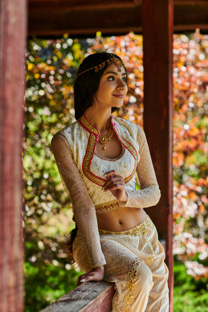 mujer india sonriente en traje de estilo auténtico sonriendo y mirando hacia otro lado en la alcoba de madera en el parque - Foto, Imagen