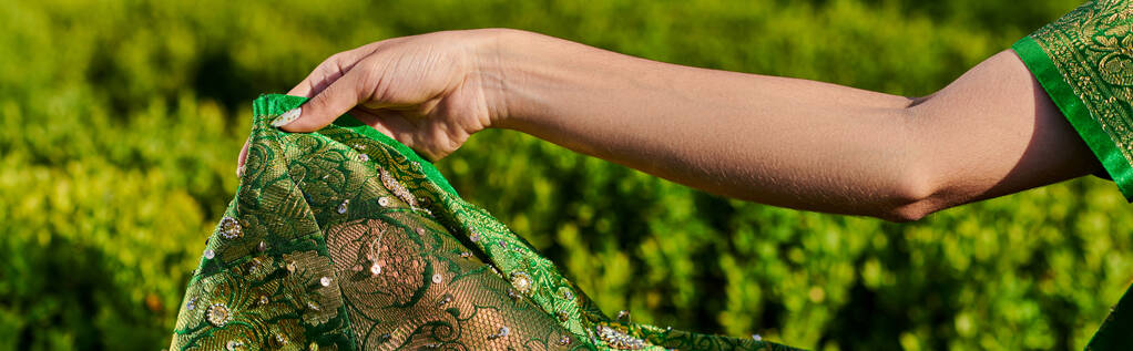 частичный вид молодой женщины, касающейся современного зеленого сари с узором рядом с растениями в парке, баннер - Фото, изображение