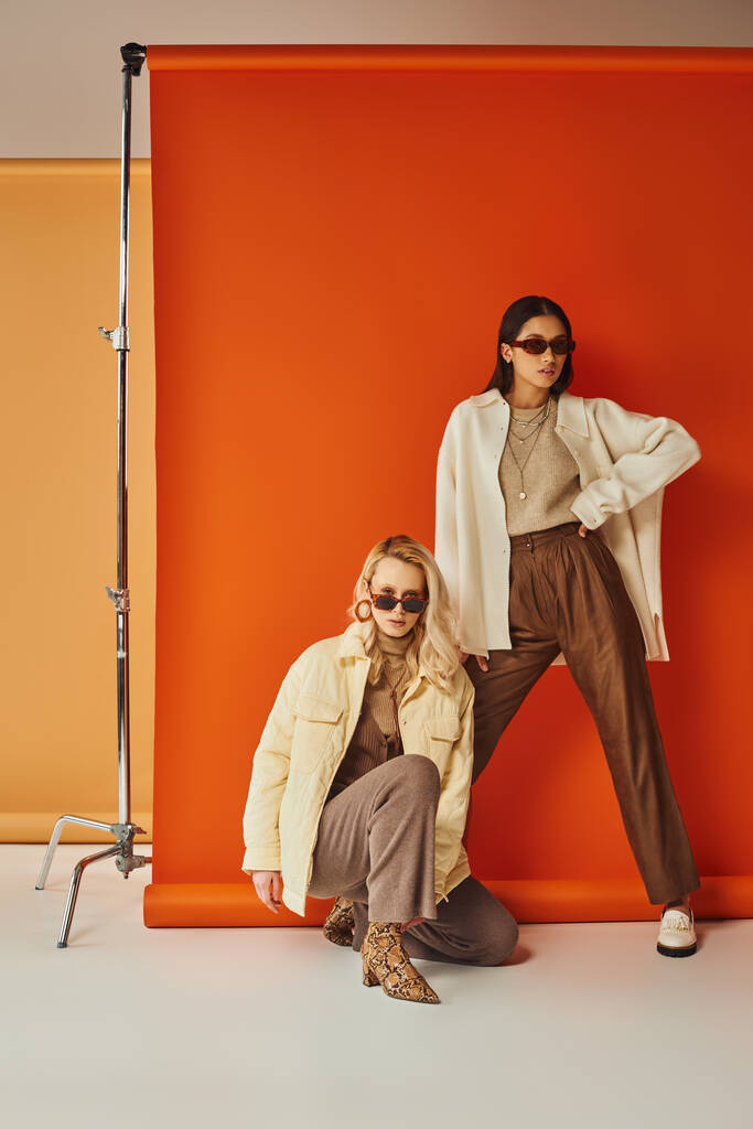 queda moda e tendências, mulheres inter-raciais em óculos de sol e outerwear posando em estúdio, cores de outono - Foto, Imagem