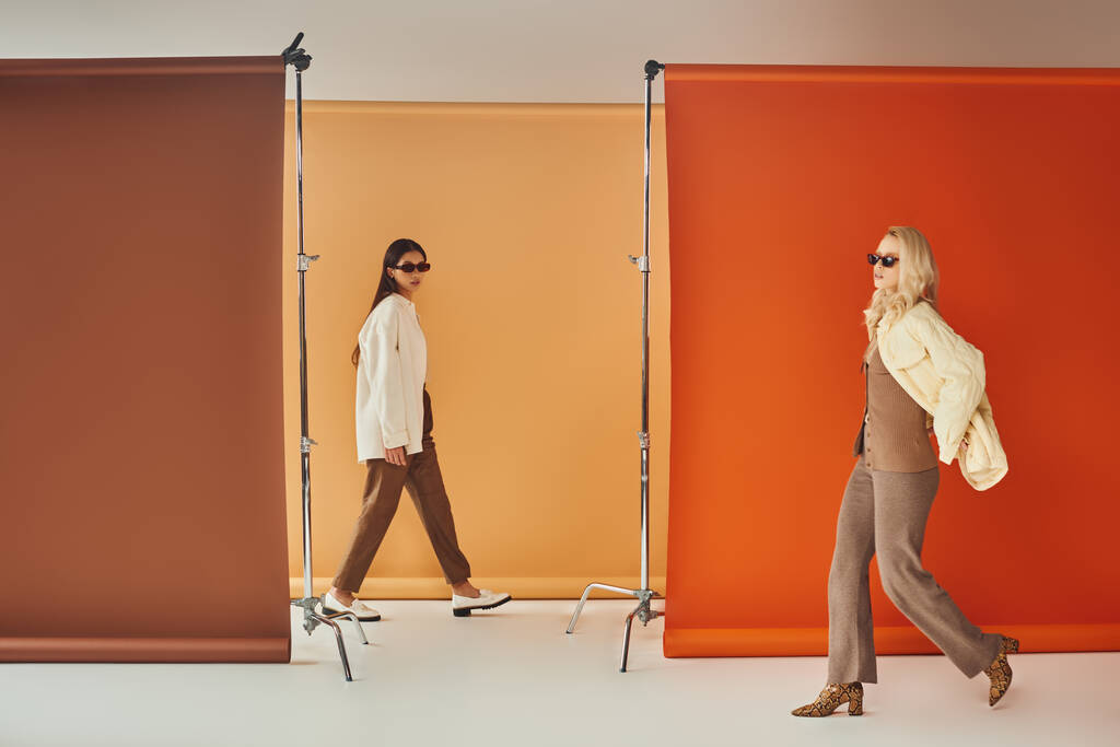 різноманітні культури жінок у верхньому одязі та сонцезахисних окулярах, що ходять біля барвистого фону, осінь мода - Фото, зображення