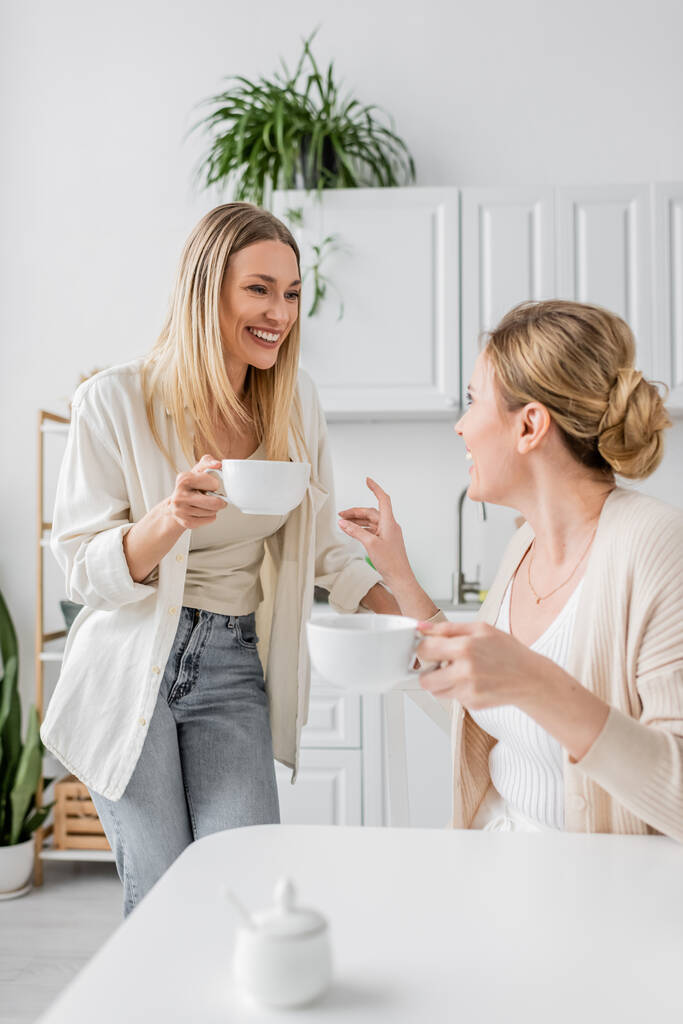 две привлекательные сестры улыбаются и смотрят друг на друга на кухонном заднем плане с растениями, связывая друг друга - Фото, изображение