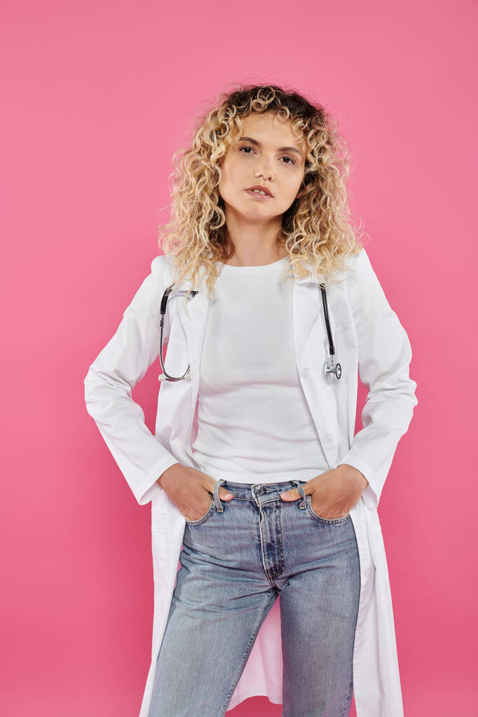 breast cancer awareness concept, curly female doctor looking at camera, pink backdrop, happy woman - Photo, Image