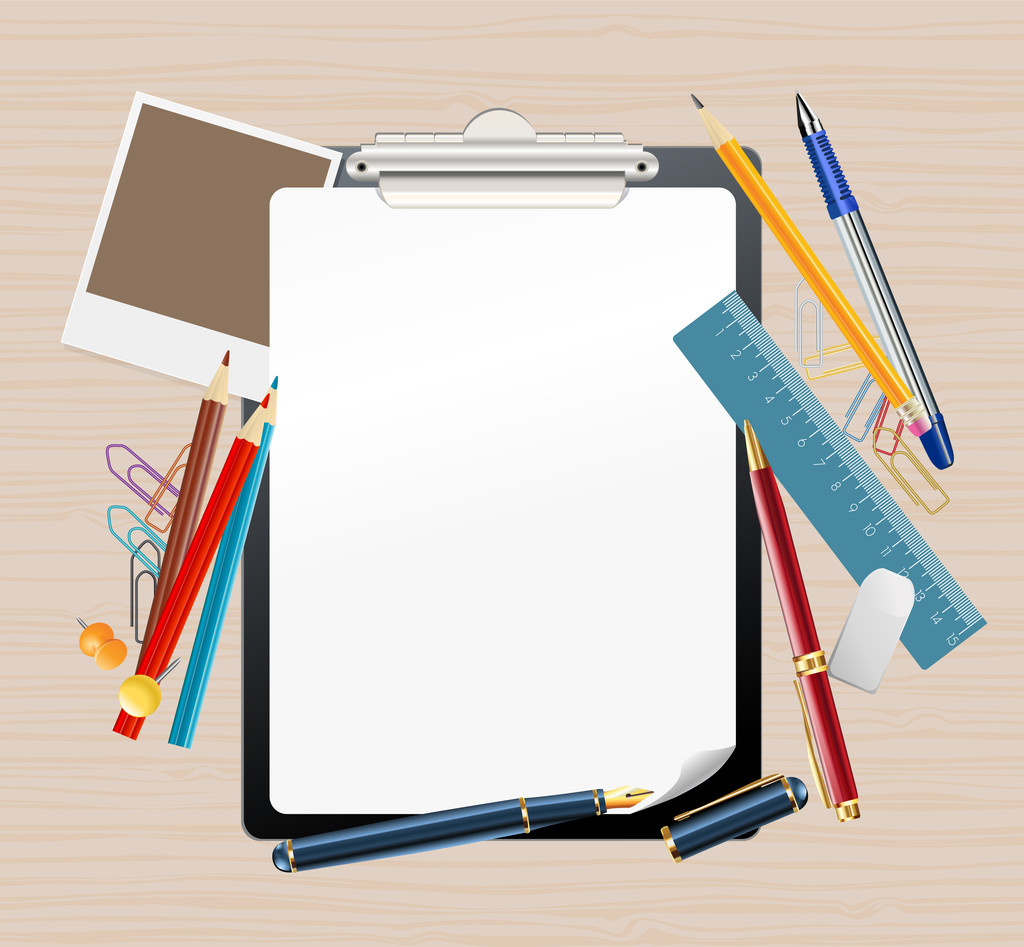 background with clipboard and office supplies - Vector, Image