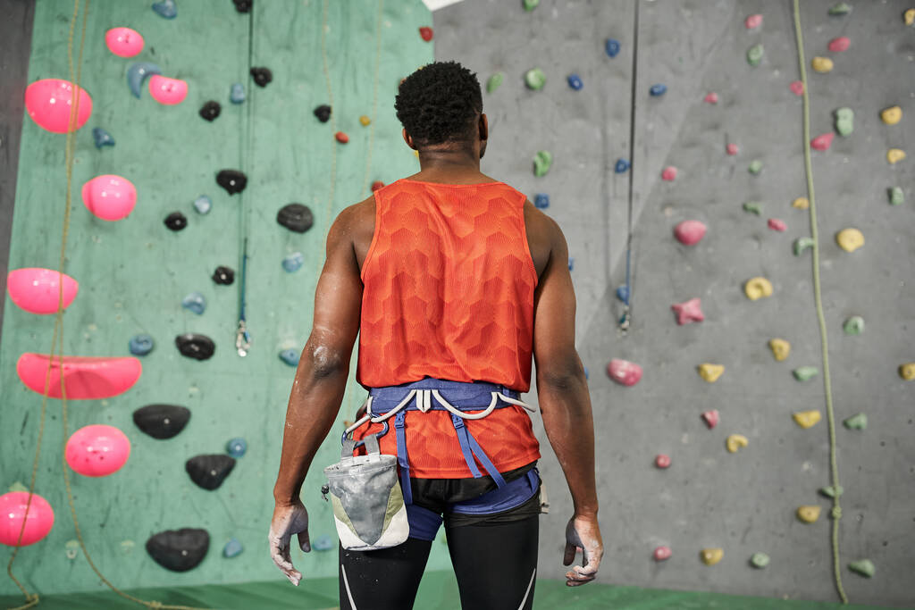 vista posteriore del giovane afroamericano in camicia arancione con imbracatura alpina vicino al muro di boulder - Foto, immagini