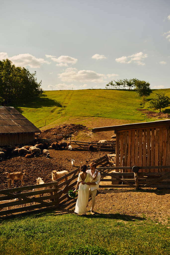 Boho tarzında kırsal bir düğün, mutlu bir damat Asyalı gelini kucaklıyor ve çiftlik hayvanlarının yanında duruyor. - Fotoğraf, Görsel