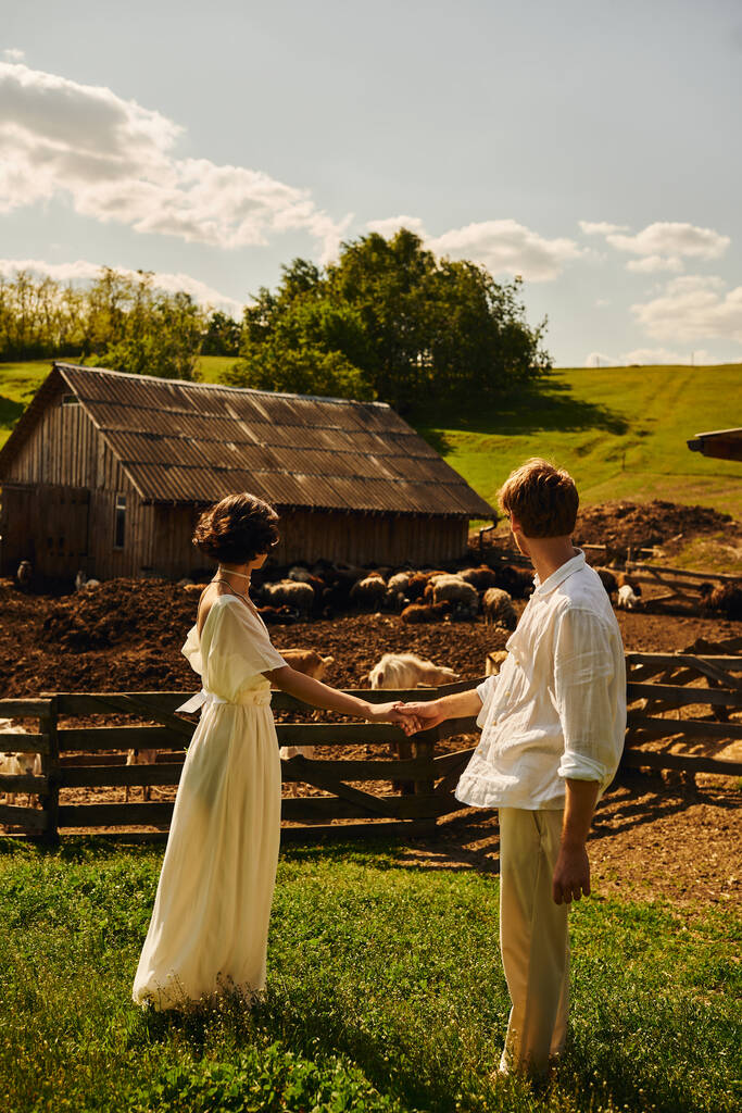 rustic wedding in boho style, back view of newlyweds holding  hands and looking at livestock in farm - Photo, Image