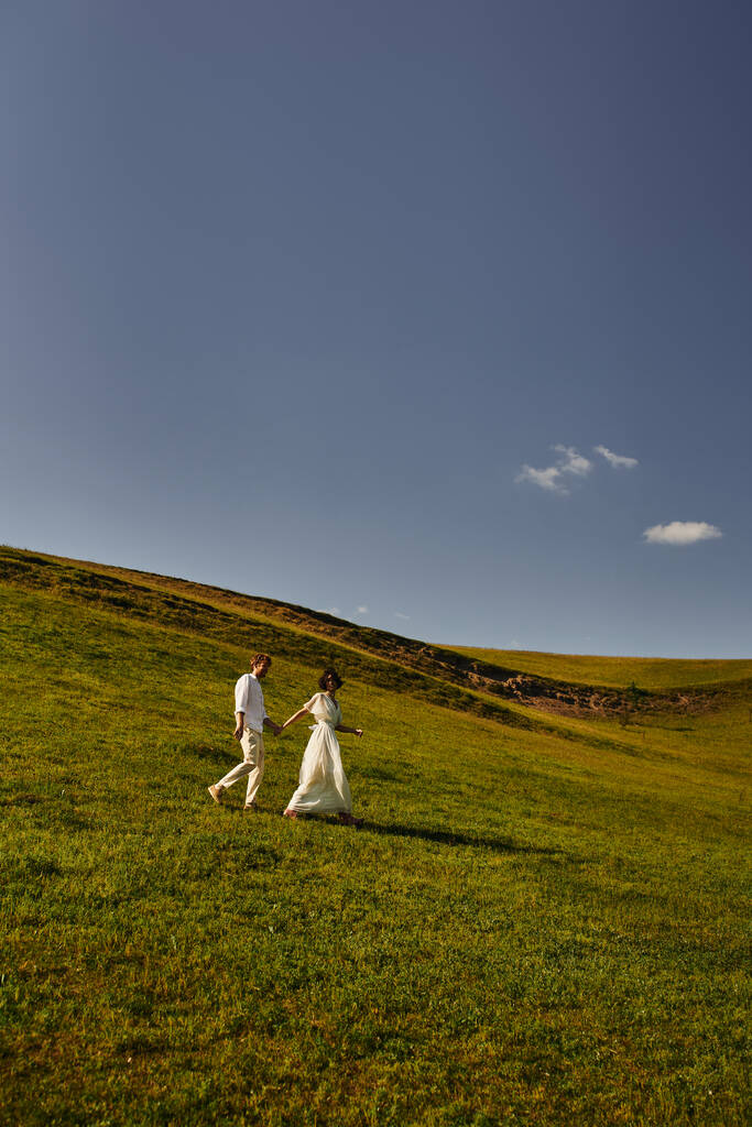 scenic landscape, young newlyweds in wedding gown walking in green field, just married couple - Photo, Image