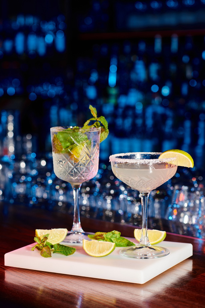 delicious bohemian rhapsody and margarita with decorations on bar counter, concept - Photo, Image