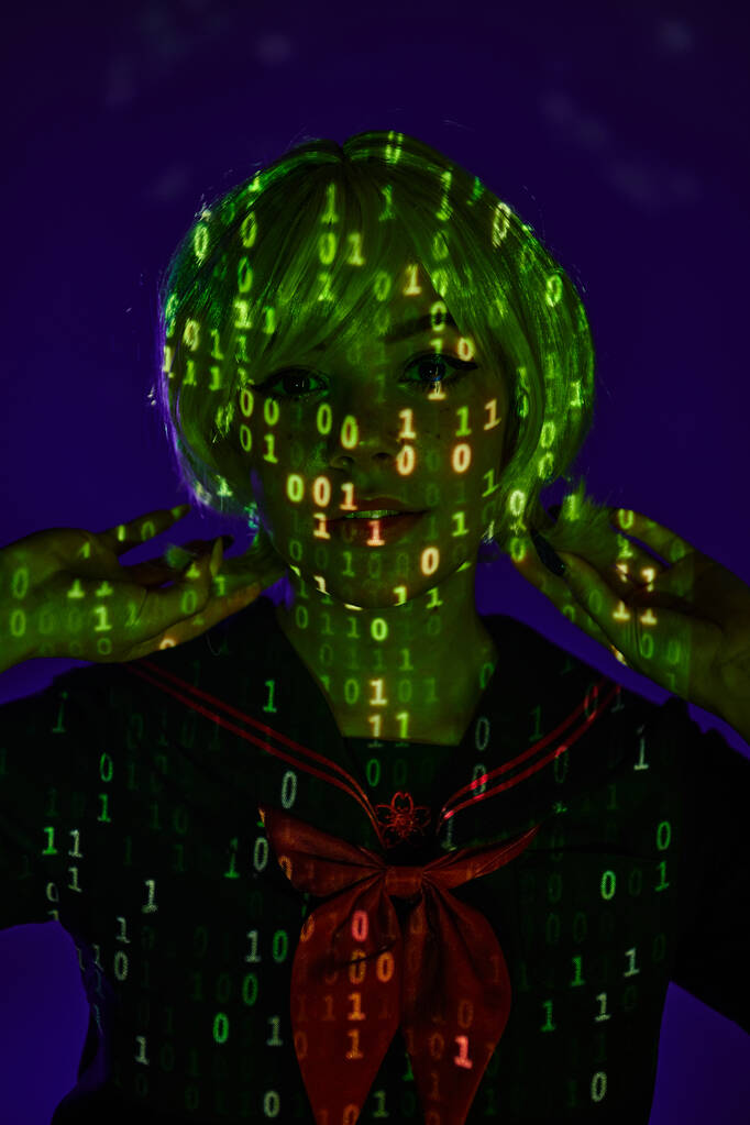 junge Frau im Anime-Stil in Neon-Binärcode-Projektion auf blauem Hintergrund, futuristisches Konzept - Foto, Bild
