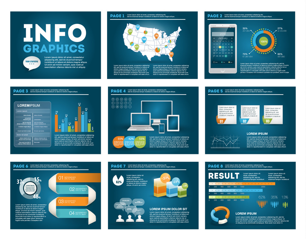 Grote reeks van infographics elementen in moderne stijl, het infochat. Blauwe donkere presentatiesjabloon. Gebruik in website, flyer, Ondernemingsverslag, presentatie, reclame, marketing. - Vector, afbeelding