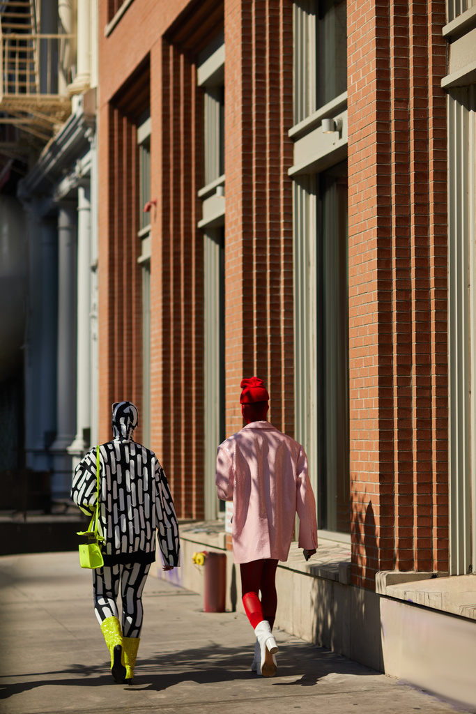 NEW YORK, USA - NOVEMBER 26, 2022: Back view of extravagant couple walking along autumn street in new york city, stylish pedestrians - Photo, Image