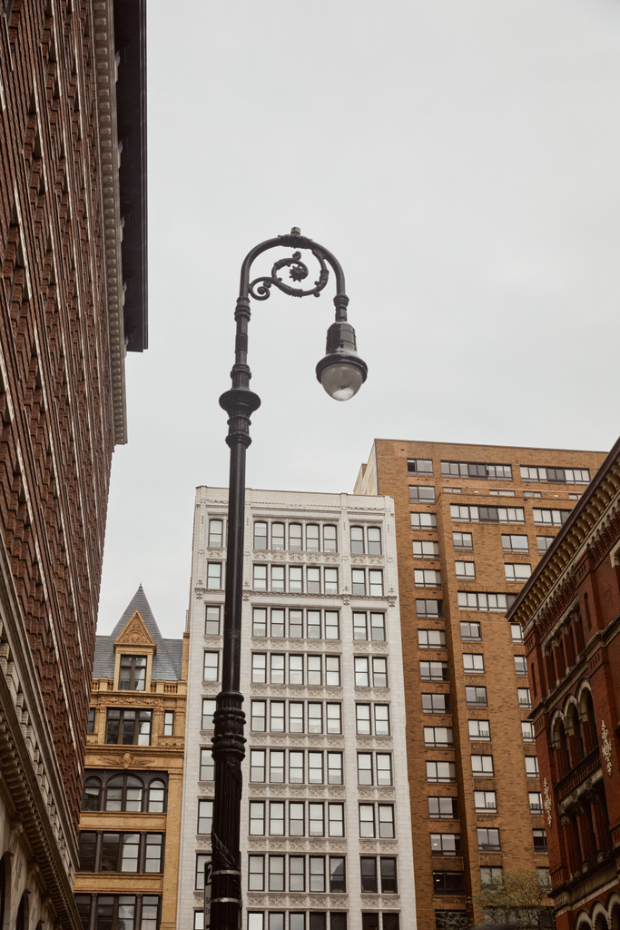 niski kąt widzenia urządzone latarnia w pobliżu nowoczesnych budynków w Nowym Jorku, architektura miejska - Zdjęcie, obraz