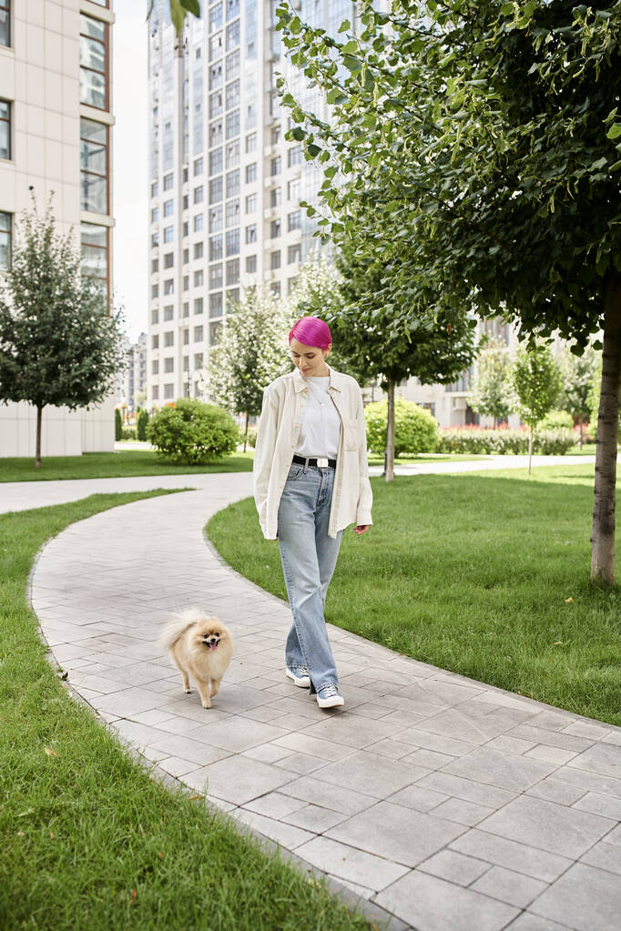 longitud completa de la elegante mujer de pelo púrpura caminando con spitz pomeraniano en la calle urbana, la vida de la ciudad - Foto, Imagen