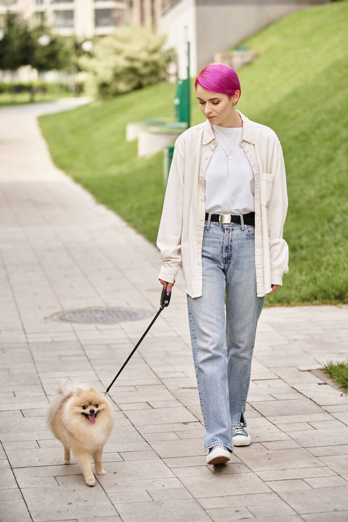 woman with purple hair walking in city with cute pomeranian spitz on roulette leash, urban life - Photo, Image