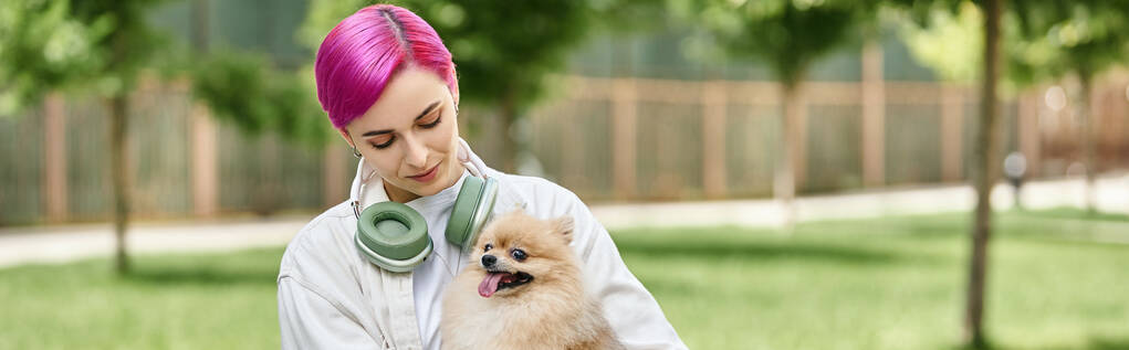 propietario de mascotas hembra con el pelo morado y auriculares con lindo spitz pomeranian en las manos, bandera - Foto, imagen