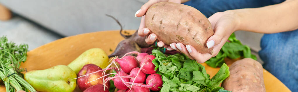partial view of vegetarian woman holding sweet potato above radish and fresh fruits, banner - Photo, Image