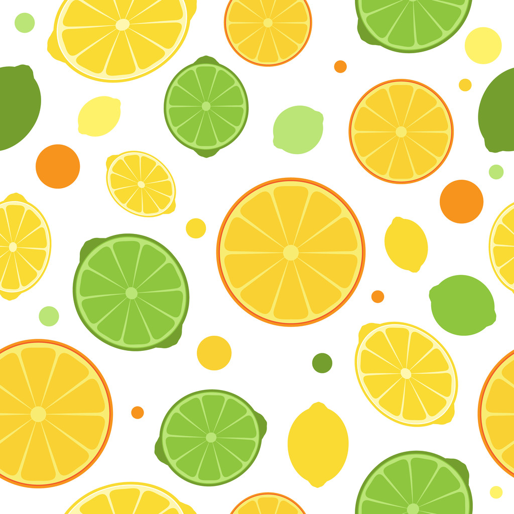 柑橘類のシームレスなパターン、ライム、レモン、オレンジ. - ベクター画像